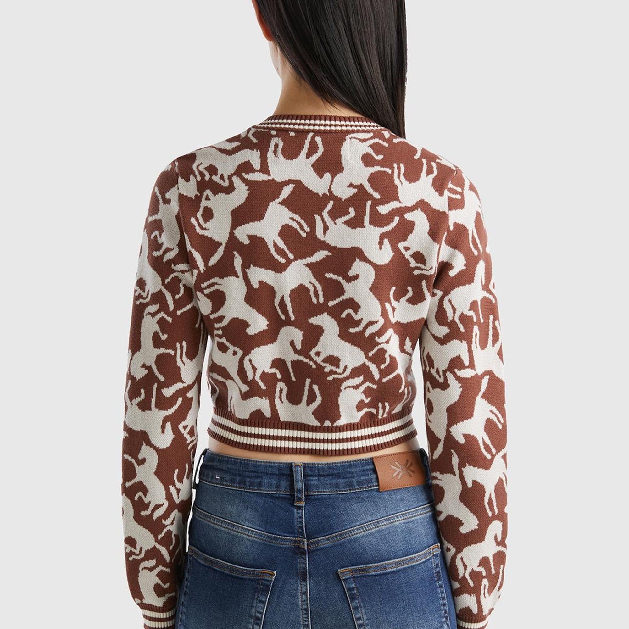 Kadın Kahverengi %100 Koton At Desenli Crop Kazak