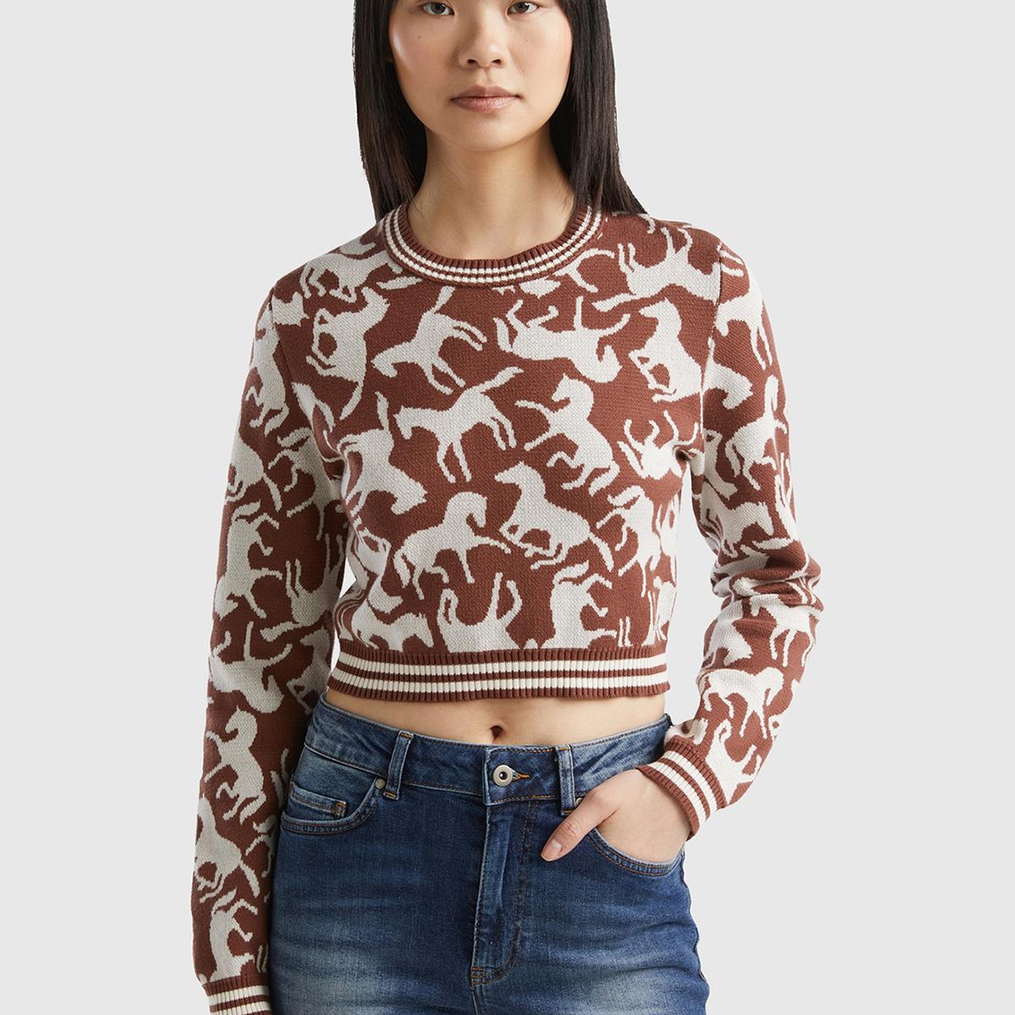 Kadın Kahverengi %100 Koton At Desenli Crop Kazak