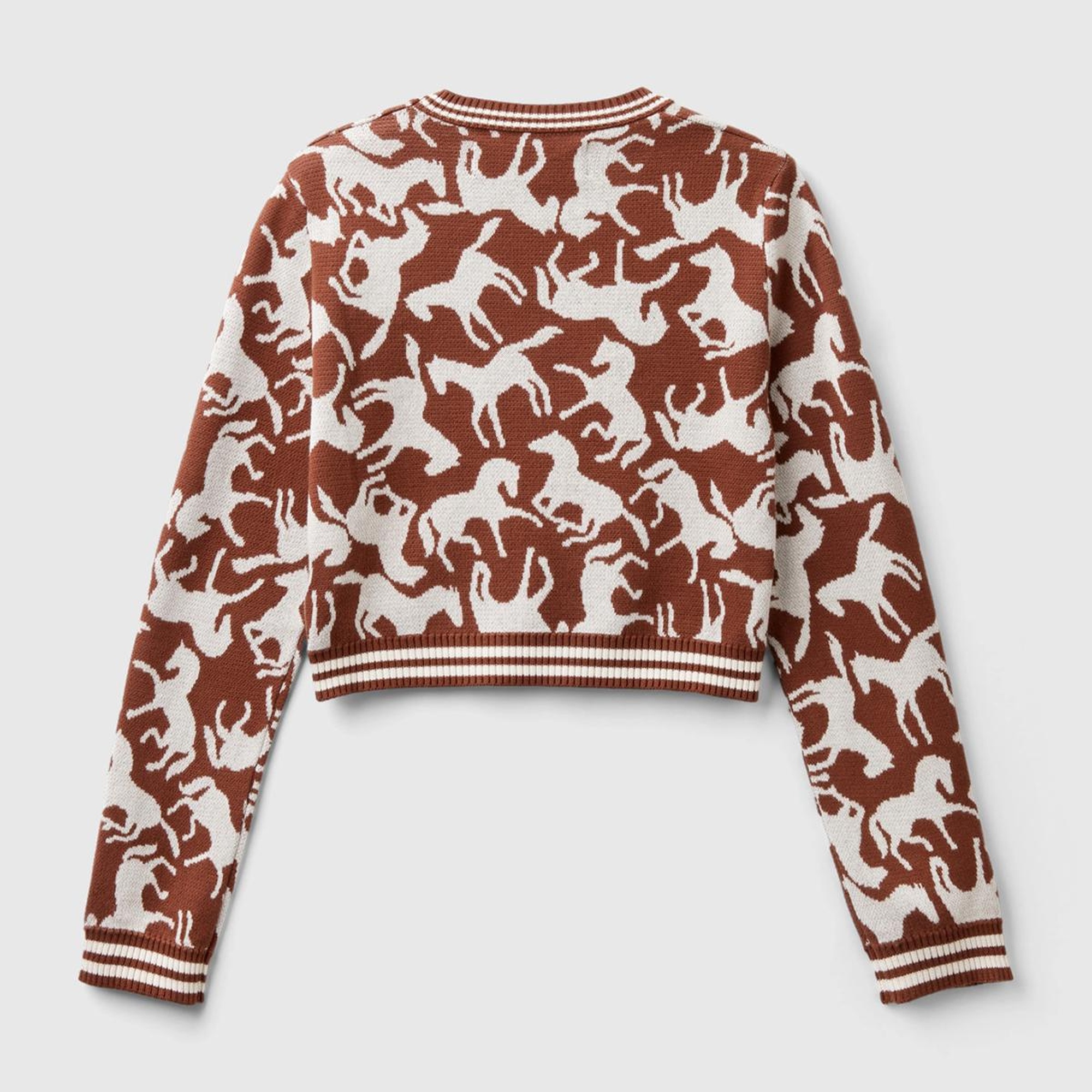 Kadın Kahverengi %100 Koton At Desenli Crop Kazak