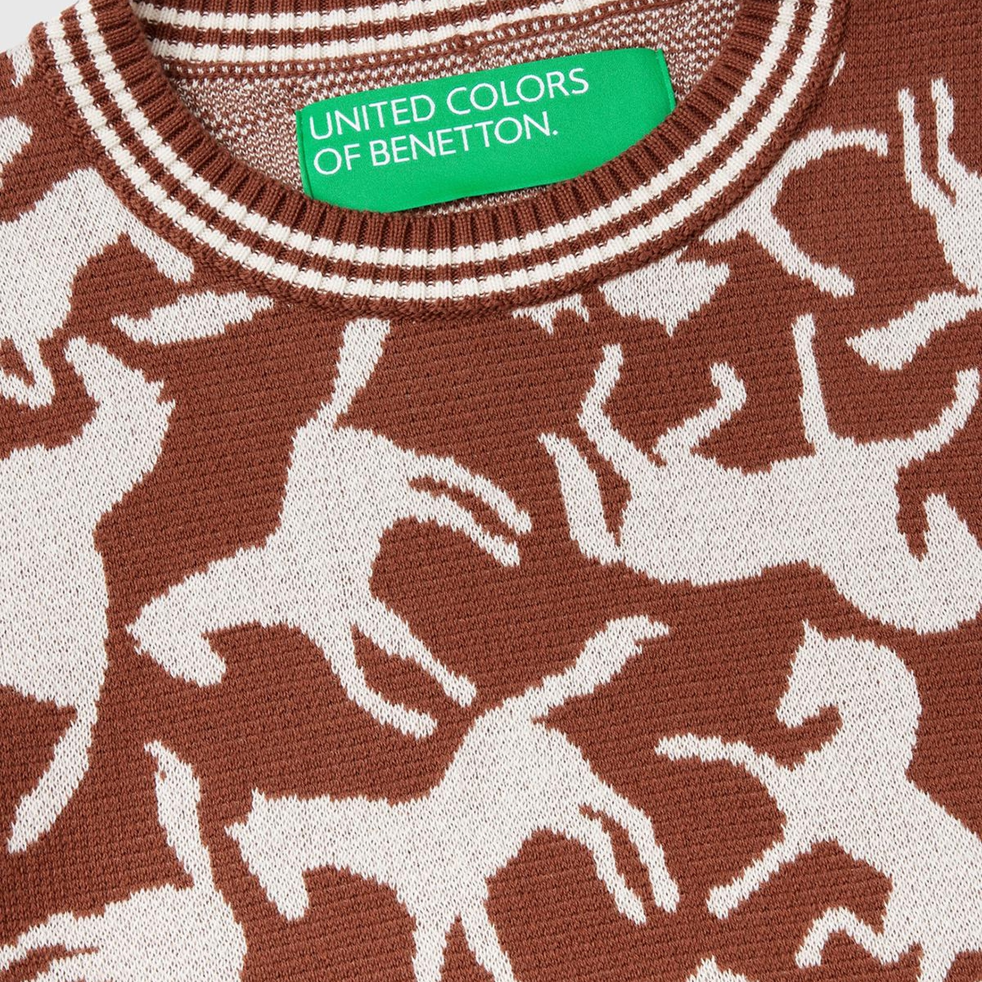 Kadın Kahverengi %100 Koton At Desenli Crop Kazak