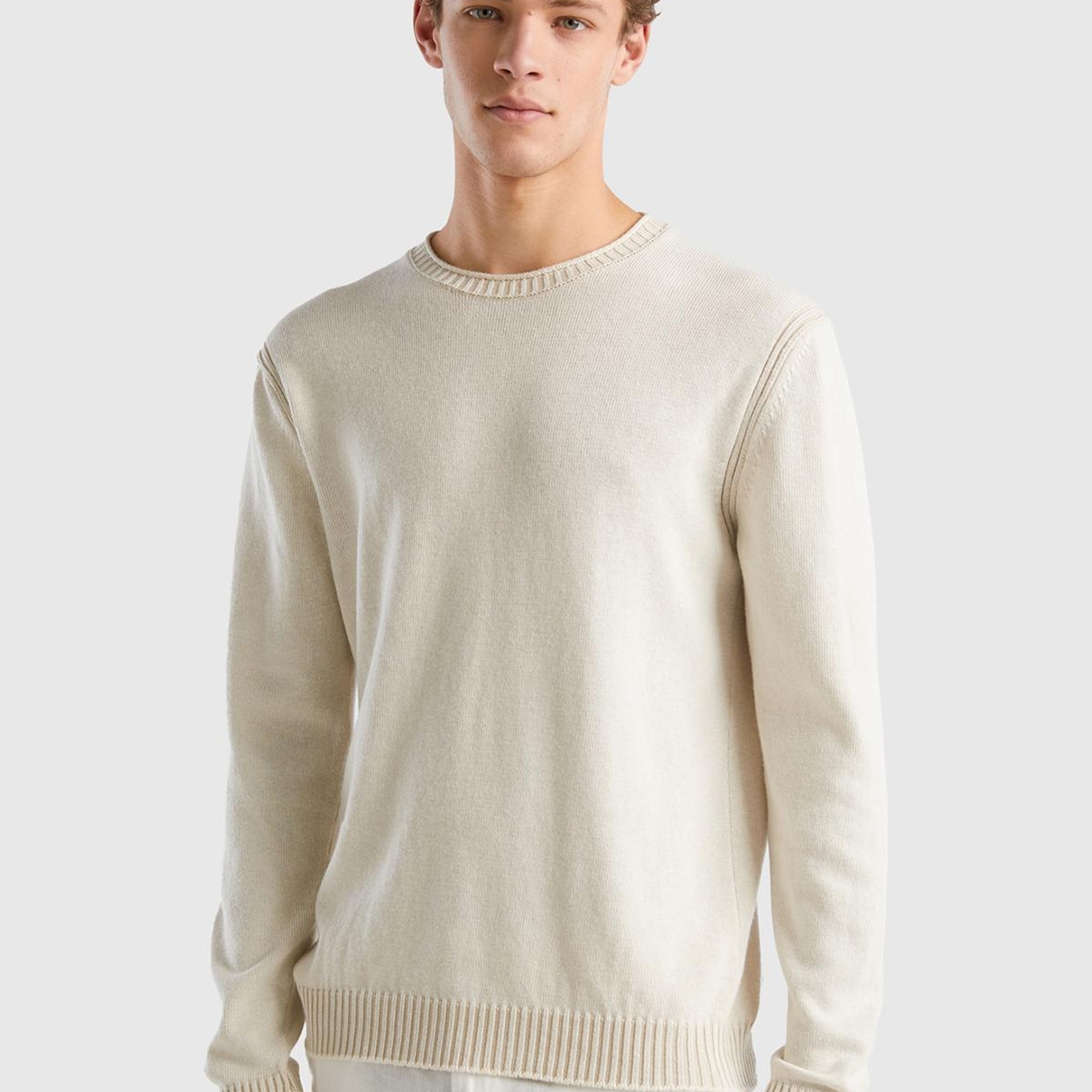 Erkek Krem Pamuk Karışımlı Bisiklet Yaka Basic Kazak