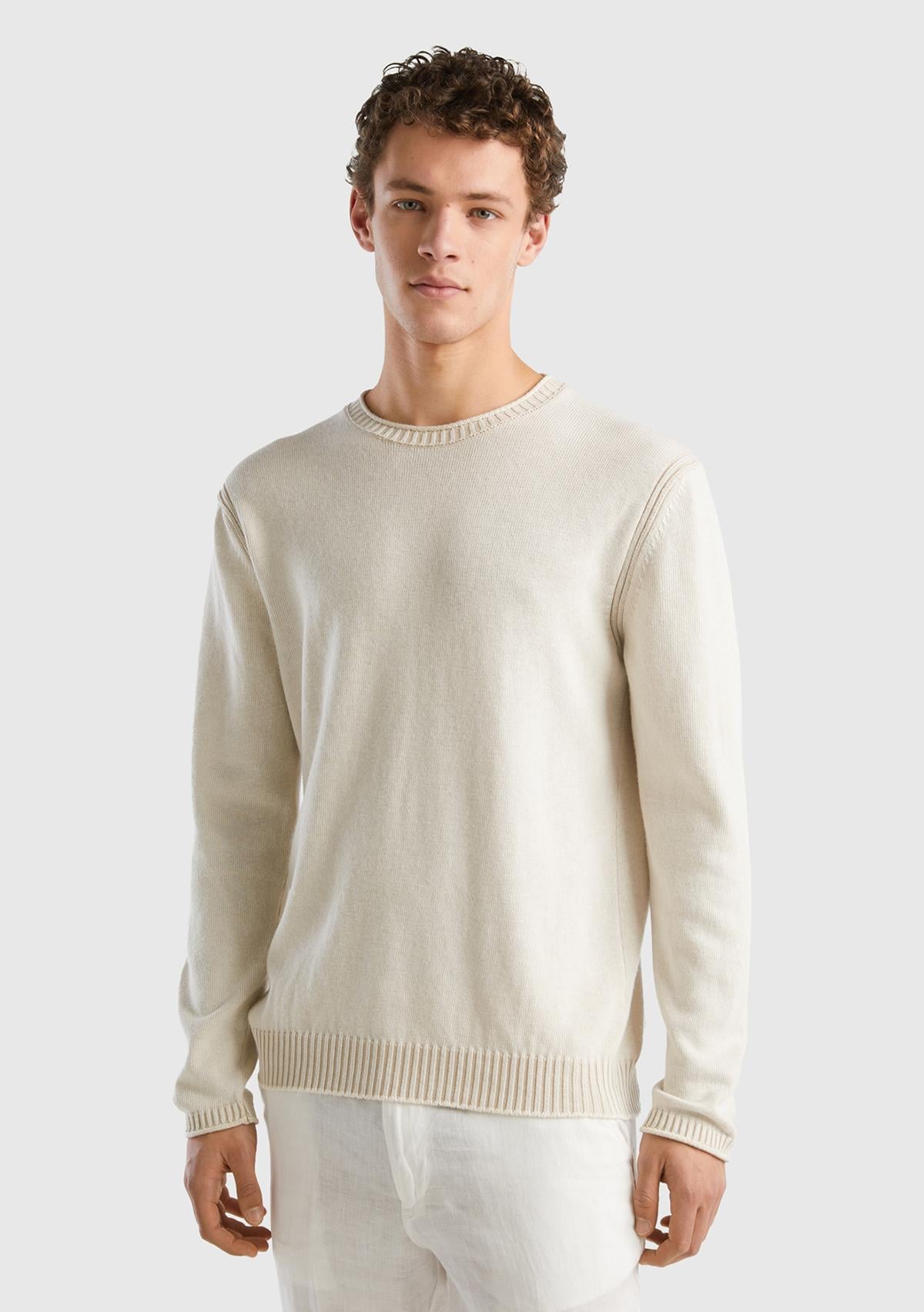  Erkek Krem Pamuk Karışımlı Bisiklet Yaka Basic Kazak