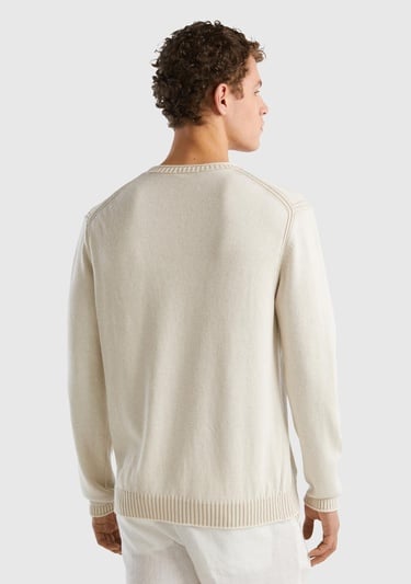  Erkek Krem Pamuk Karışımlı Bisiklet Yaka Basic Kazak