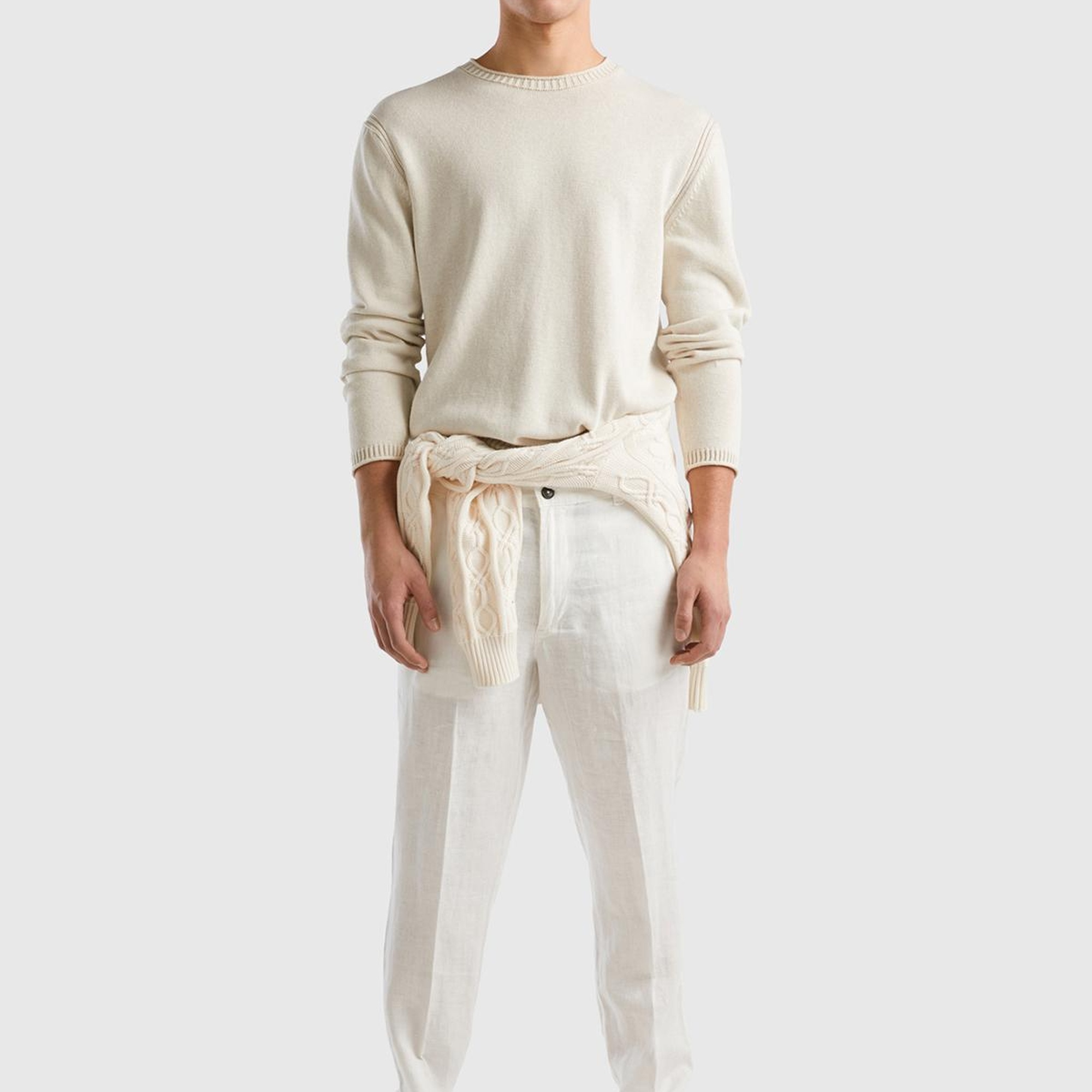 Erkek Krem Pamuk Karışımlı Bisiklet Yaka Basic Kazak