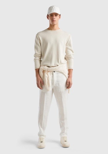  Erkek Krem Pamuk Karışımlı Bisiklet Yaka Basic Kazak