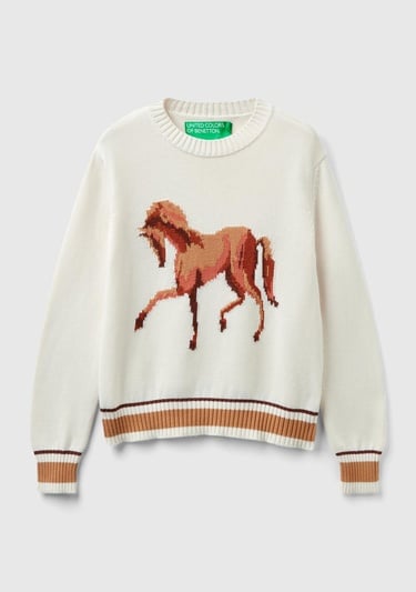  Kadın Krem %100 Pamuk Kontrast At Baskılı Bisiklet Yaka Kazak