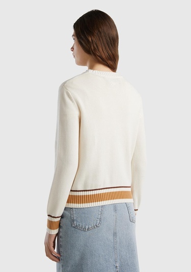  Kadın Krem %100 Pamuk Kontrast At Baskılı Bisiklet Yaka Kazak