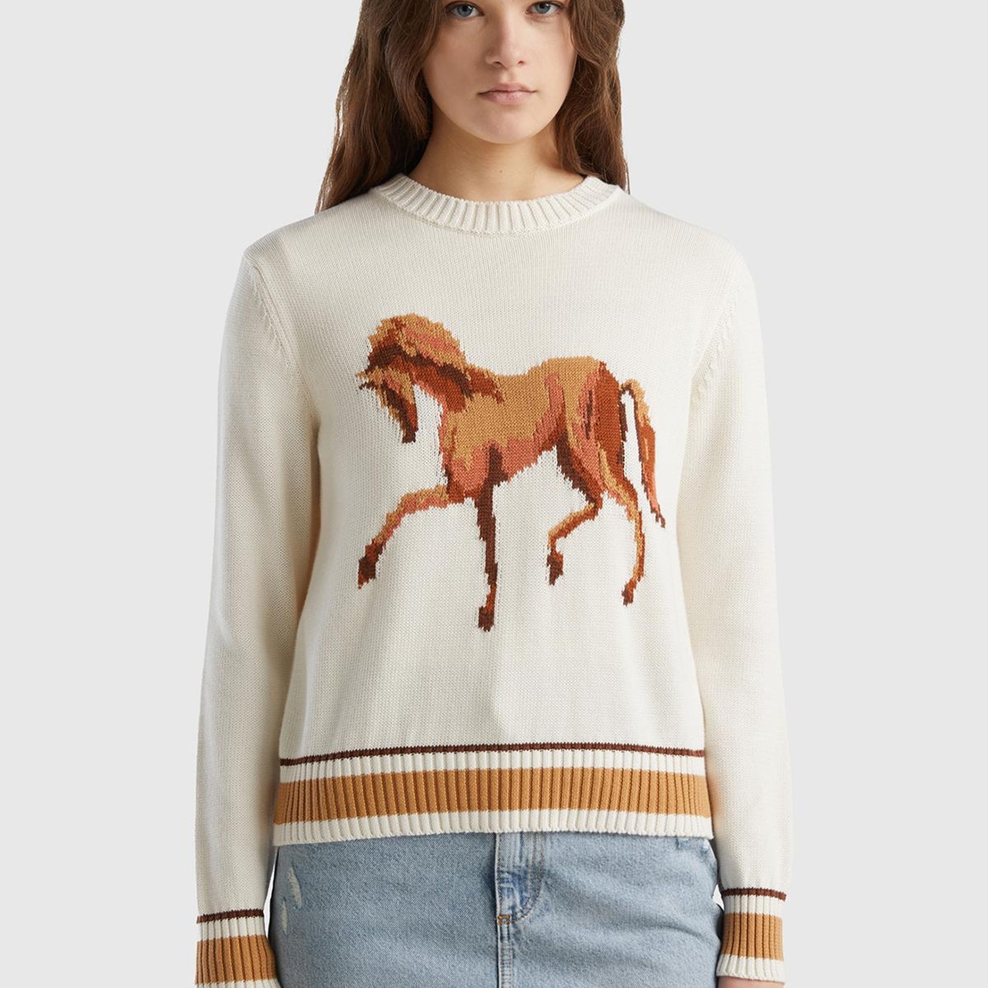 Kadın Krem %100 Pamuk Kontrast At Baskılı Bisiklet Yaka Kazak