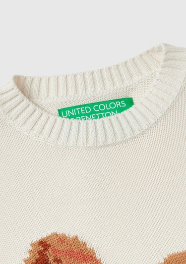  Kadın Krem %100 Pamuk Kontrast At Baskılı Bisiklet Yaka Kazak