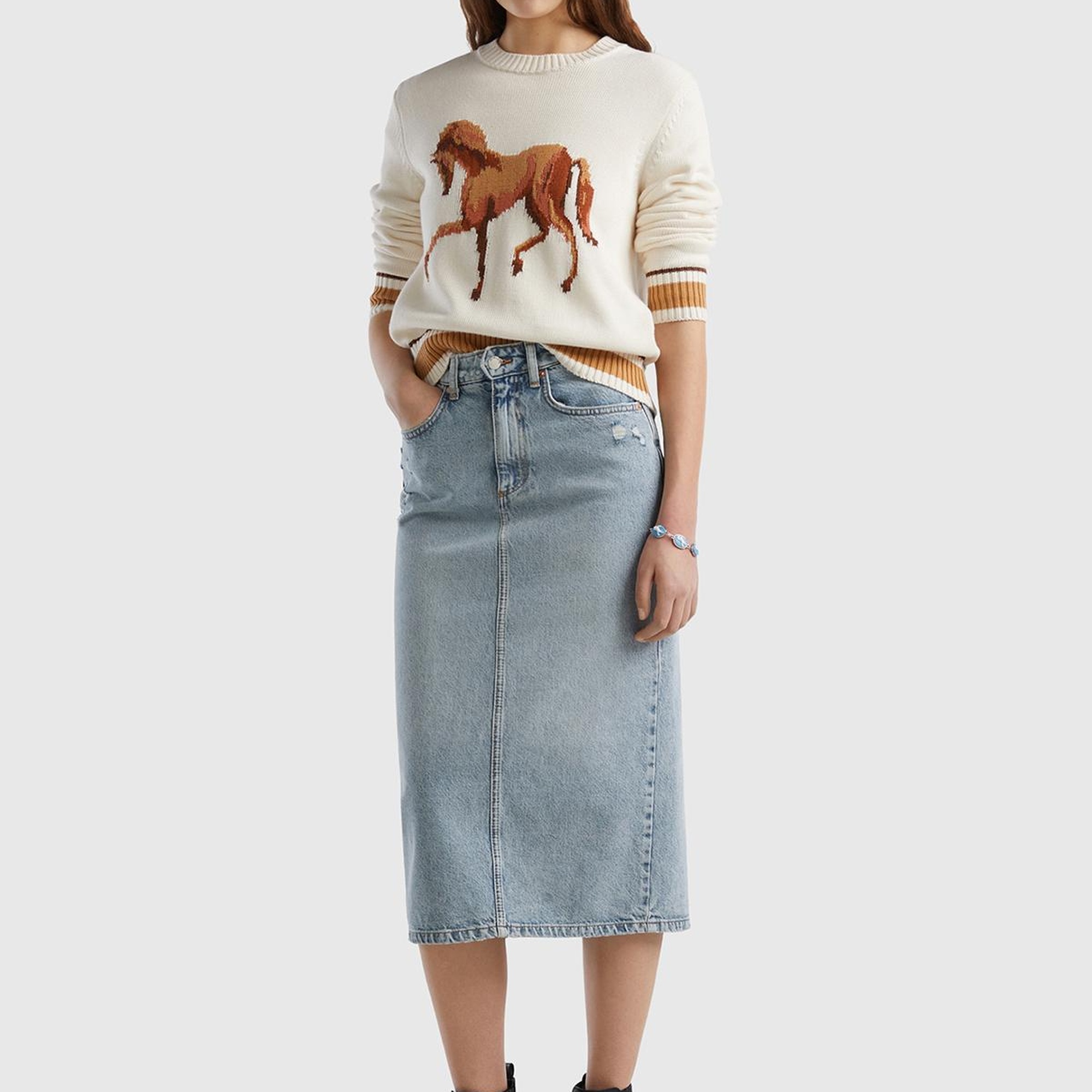 Kadın Krem %100 Pamuk Kontrast At Baskılı Bisiklet Yaka Kazak