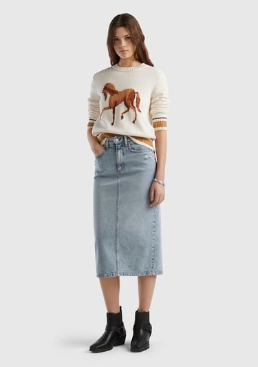  Kadın Krem %100 Pamuk Kontrast At Baskılı Bisiklet Yaka Kazak