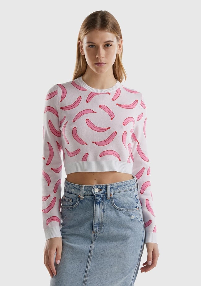  Kadın Beyaz Pamuk Karışımlı Tamamı 3D Muz Desenli Bisiklet Yaka Kazak