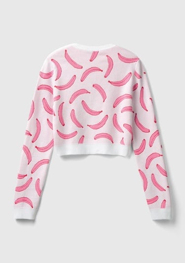  Kadın Beyaz Pamuk Karışımlı Tamamı 3D Muz Desenli Bisiklet Yaka Kazak