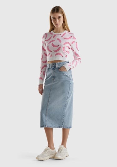  Kadın Beyaz Pamuk Karışımlı Tamamı 3D Muz Desenli Bisiklet Yaka Kazak