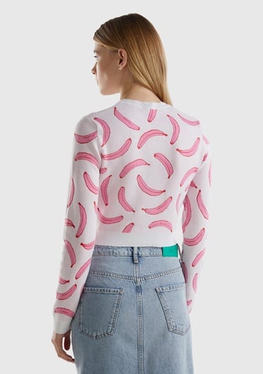  Kadın Beyaz Pamuk Karışımlı Tamamı 3D Muz Desenli Bisiklet Yaka Kazak