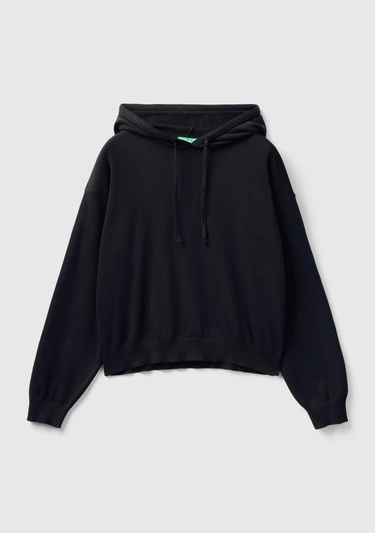  Kadın Siyah %100 Pamuk Kapüşonlu Büzgülü Crop Basic Triko Sweatshirt