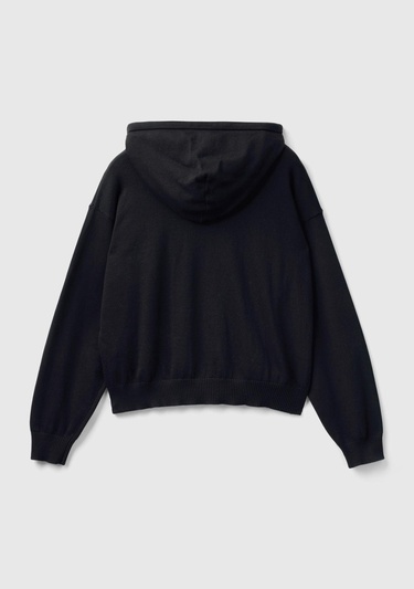  Kadın Siyah %100 Pamuk Kapüşonlu Büzgülü Crop Basic Triko Sweatshirt