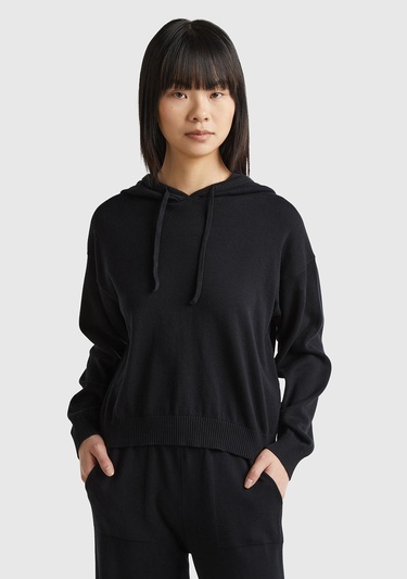  Kadın Siyah %100 Pamuk Kapüşonlu Büzgülü Crop Basic Triko Sweatshirt