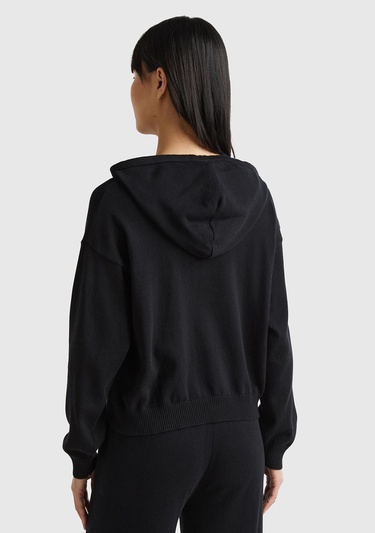  Kadın Siyah %100 Pamuk Kapüşonlu Büzgülü Crop Basic Triko Sweatshirt