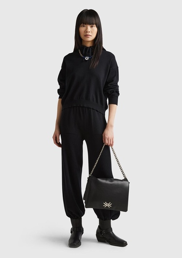  Kadın Siyah %100 Pamuk Kapüşonlu Büzgülü Crop Basic Triko Sweatshirt