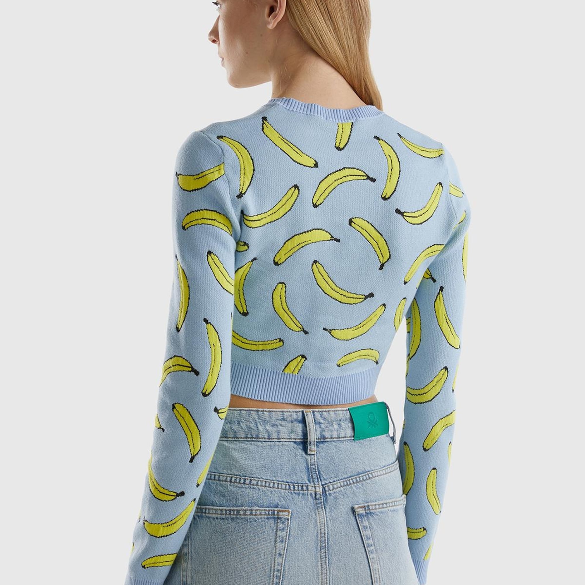 Kadın Açık Mavi Pamuk Karışımlı Tamamı 3D Muz Desenli Bisiklet Yaka Kazak