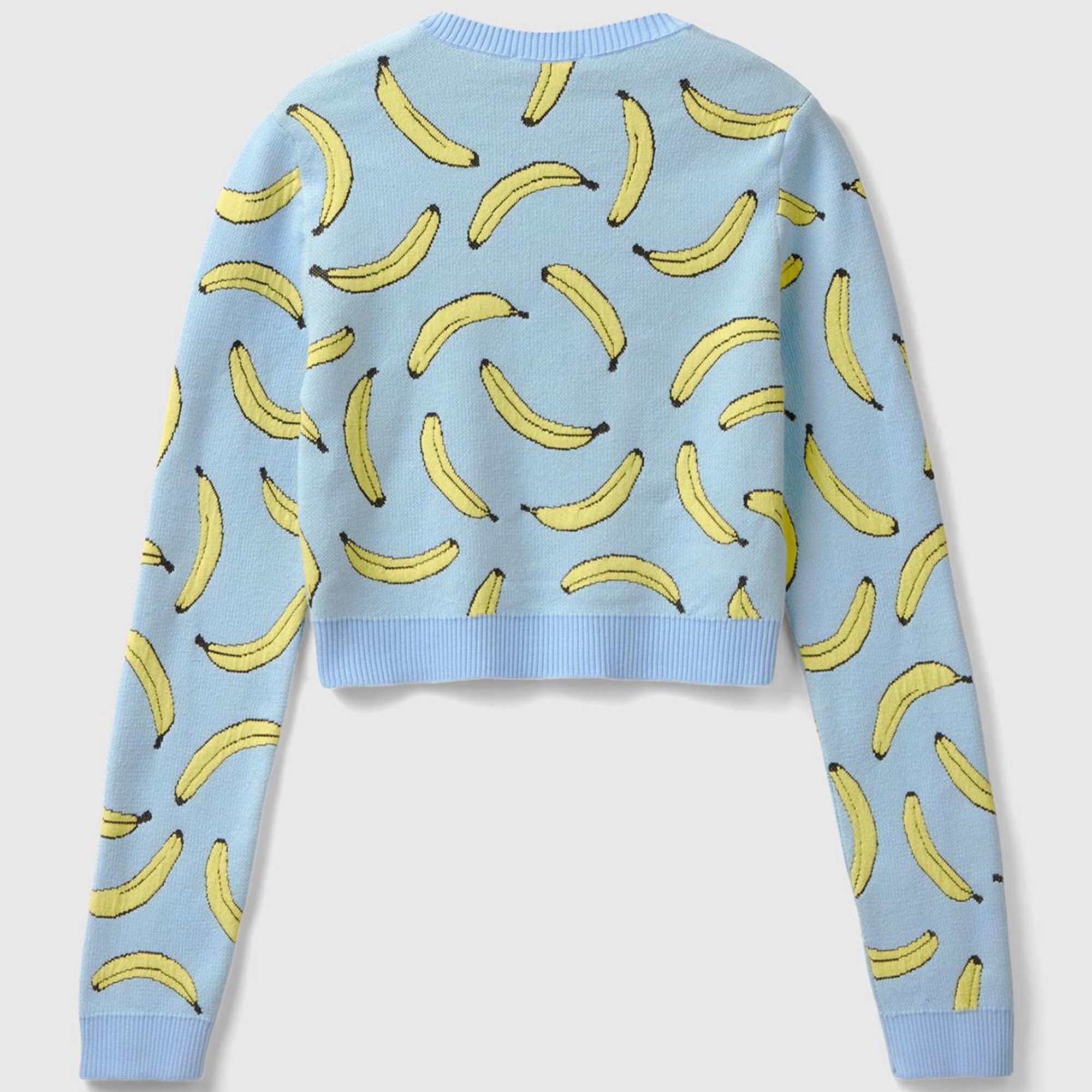 Kadın Açık Mavi Pamuk Karışımlı Tamamı 3D Muz Desenli Bisiklet Yaka Kazak