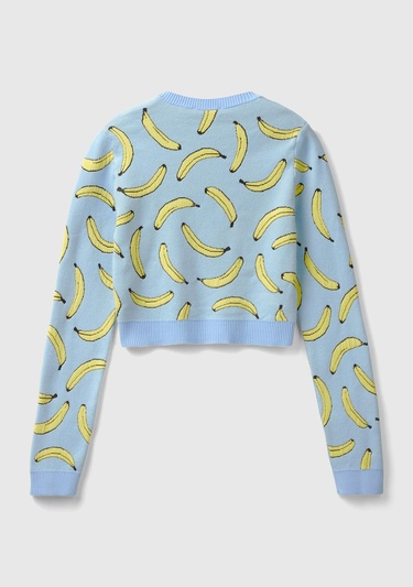  Kadın Açık Mavi Pamuk Karışımlı Tamamı 3D Muz Desenli Bisiklet Yaka Kazak