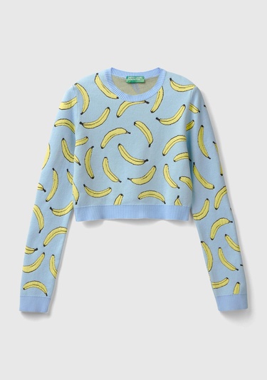  Kadın Açık Mavi Pamuk Karışımlı Tamamı 3D Muz Desenli Bisiklet Yaka Kazak