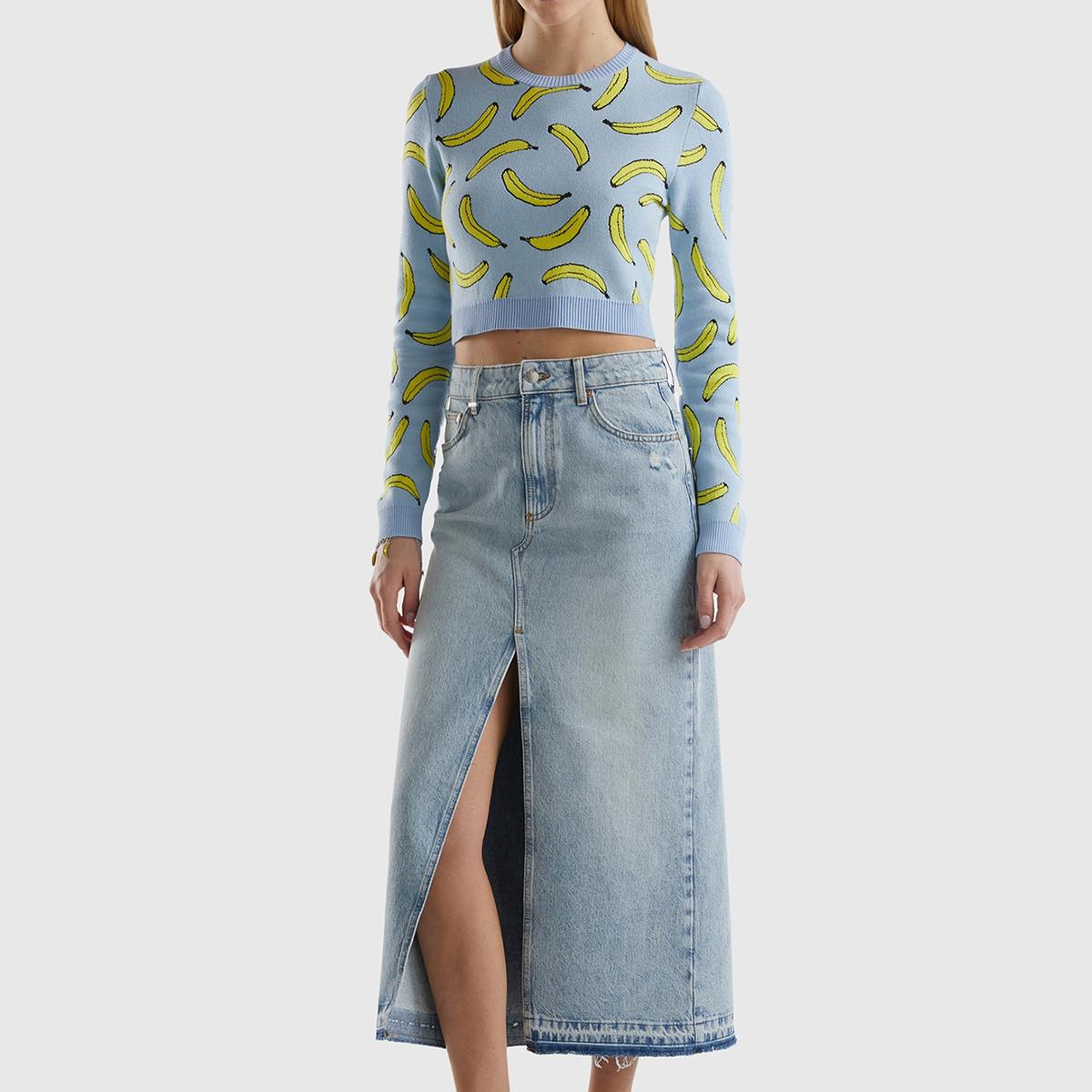 Kadın Açık Mavi Pamuk Karışımlı Tamamı 3D Muz Desenli Bisiklet Yaka Kazak