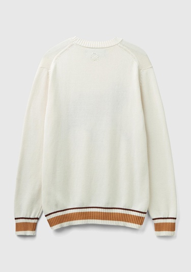  Erkek Krem %100 Pamuk At Desenli Bisiklet Yaka Kazak