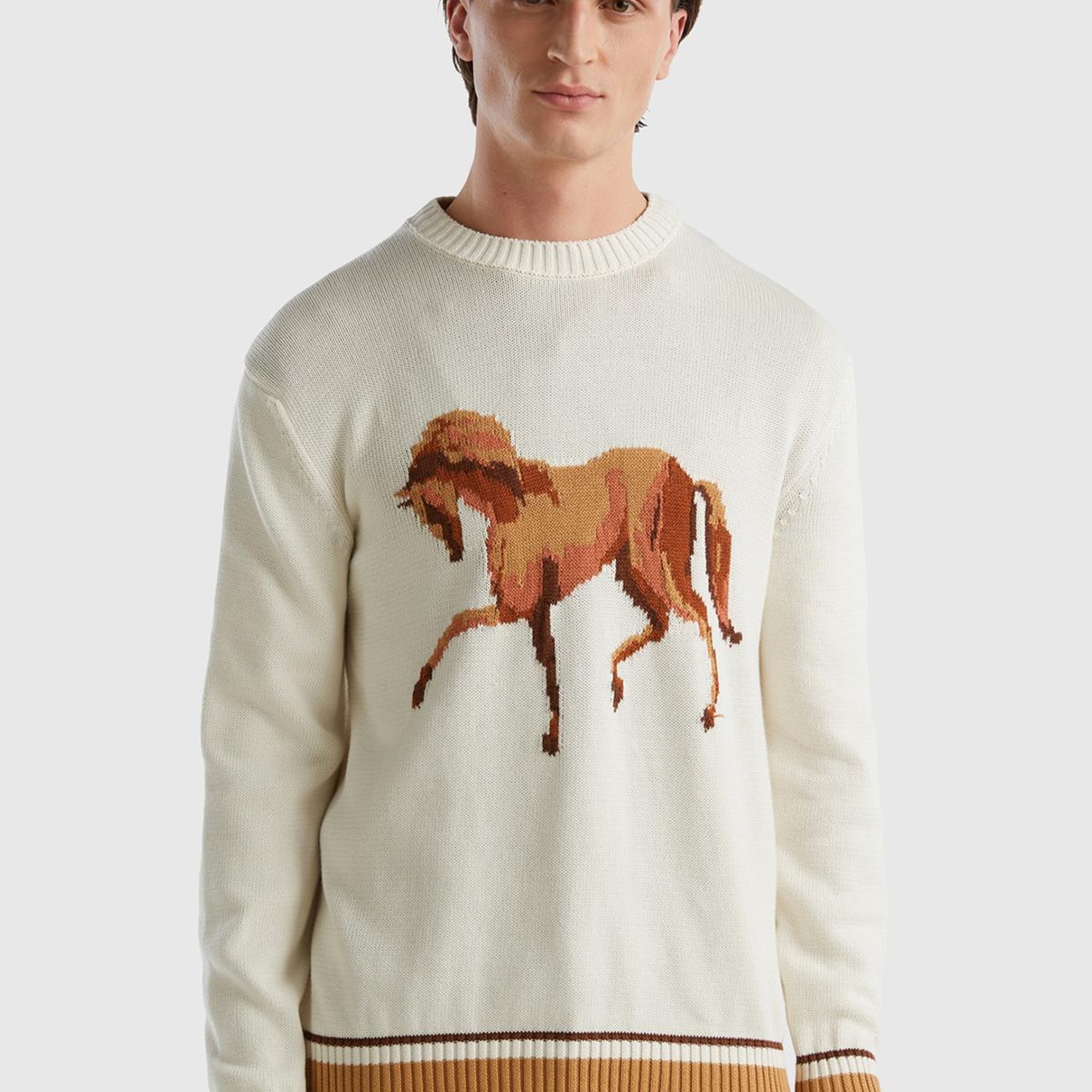 Erkek Krem %100 Pamuk At Desenli Bisiklet Yaka Kazak