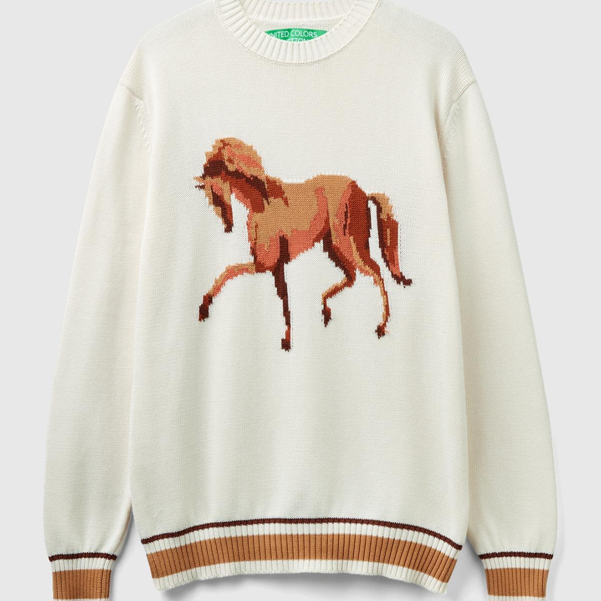 Erkek Krem %100 Pamuk At Desenli Bisiklet Yaka Kazak