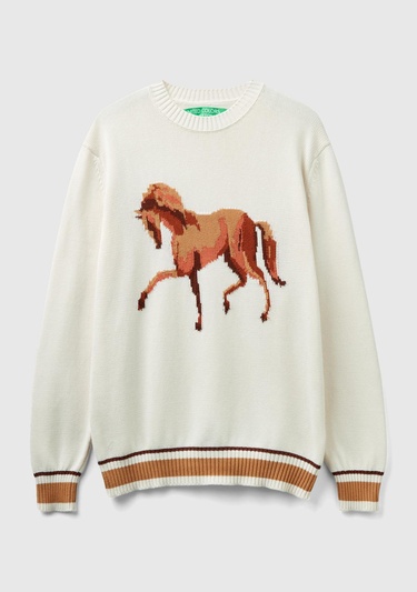  Erkek Krem %100 Pamuk At Desenli Bisiklet Yaka Kazak