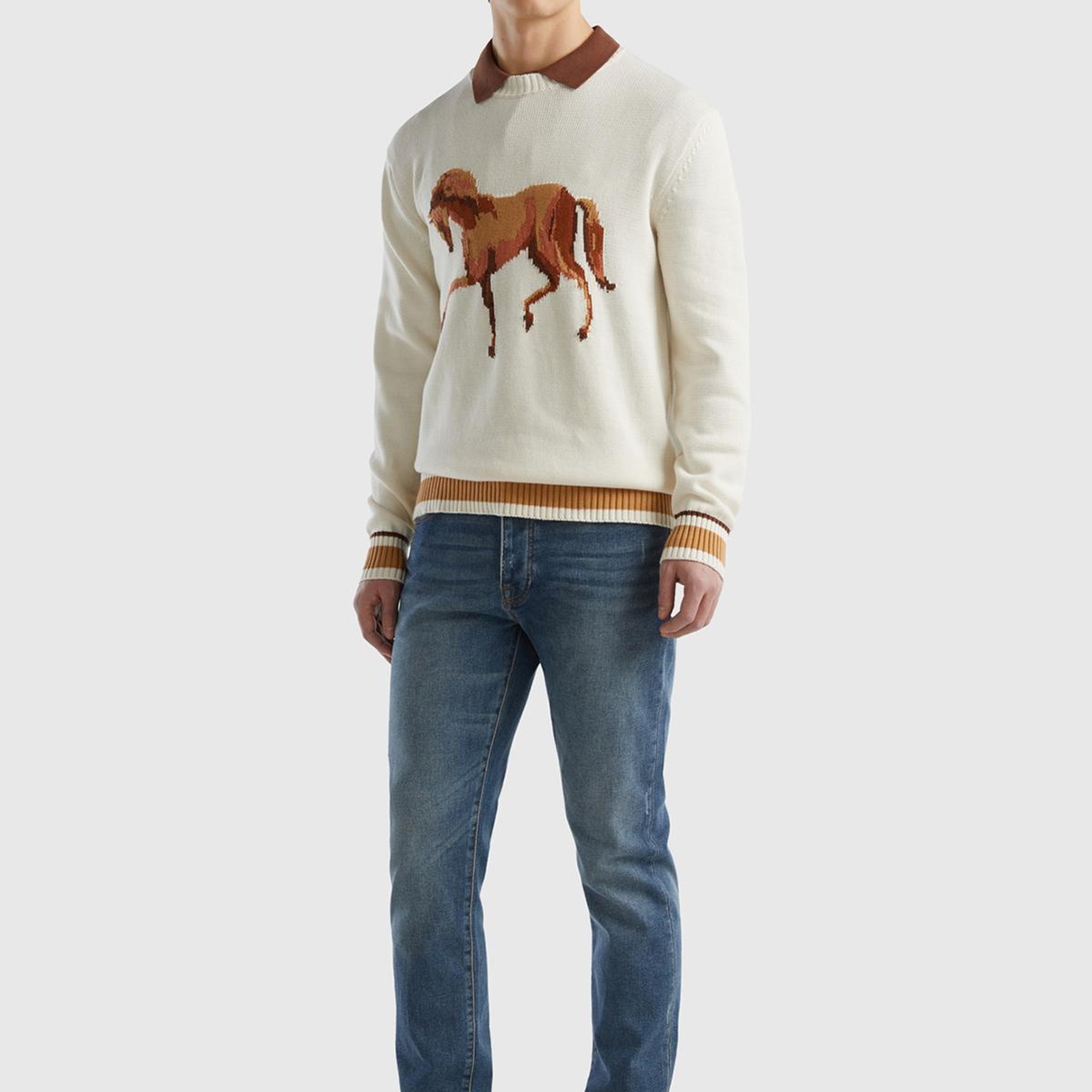 Erkek Krem %100 Pamuk At Desenli Bisiklet Yaka Kazak