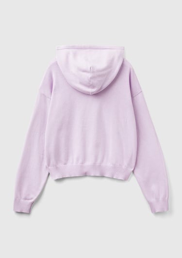  Kadın Lila %100 Pamuk Kapüşonlu Büzgülü Crop Basic Triko Sweatshirt