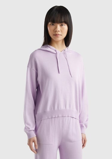  Kadın Lila %100 Pamuk Kapüşonlu Büzgülü Crop Basic Triko Sweatshirt