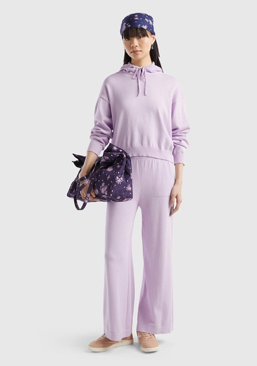  Kadın Lila %100 Pamuk Kapüşonlu Büzgülü Crop Basic Triko Sweatshirt