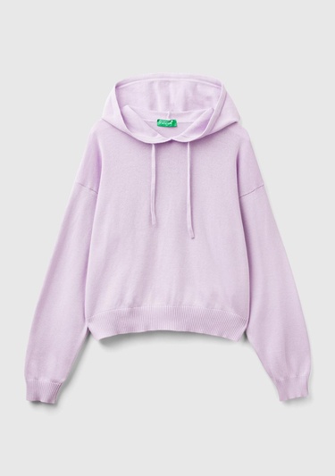  Kadın Lila %100 Pamuk Kapüşonlu Büzgülü Crop Basic Triko Sweatshirt