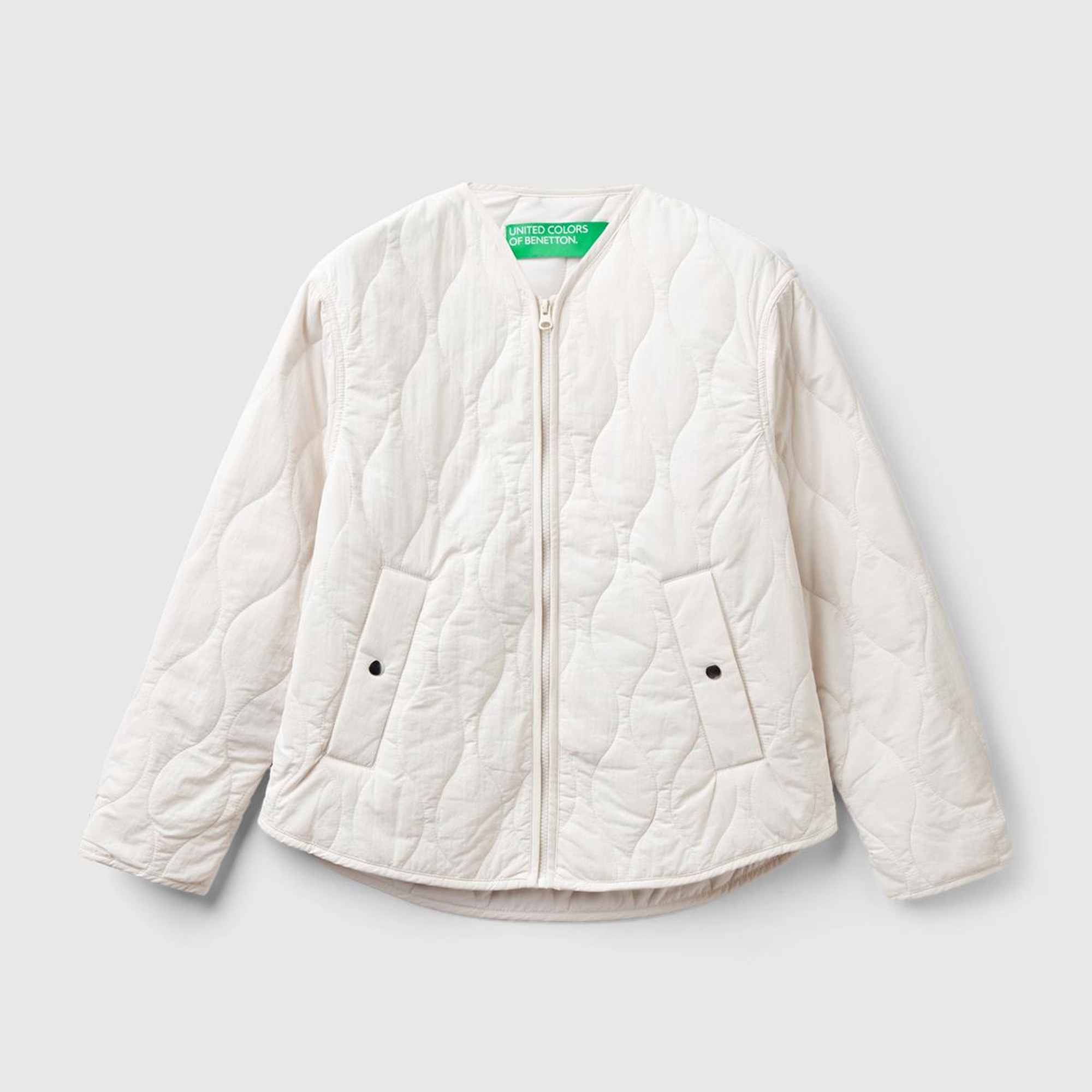 Kadın Krem Fermuarlı Önü Düğmeli Cepli Kapitone Ceket