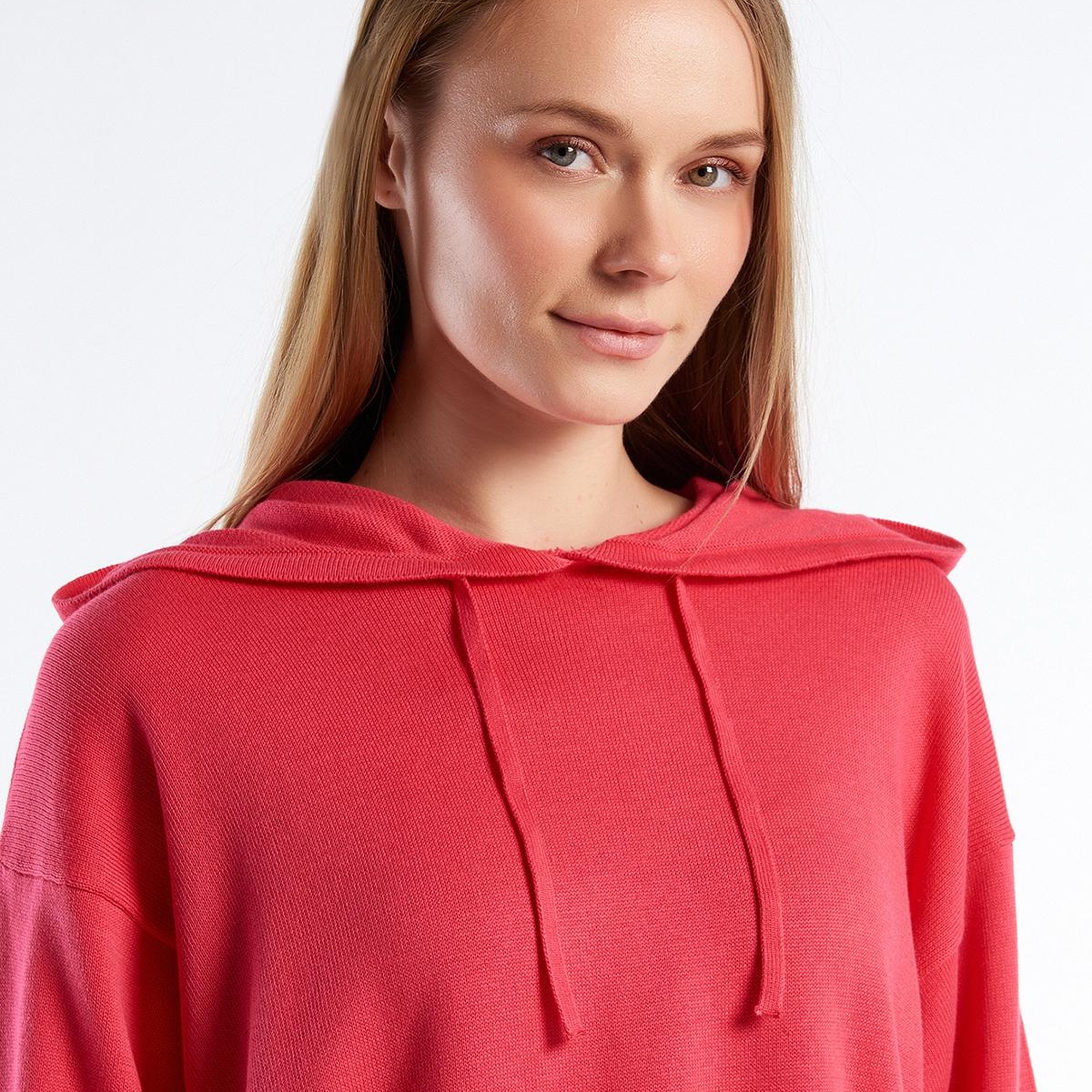 Kadın Koyu Pembe %100 Pamuk Kapüşonlu Büzgülü Crop Basic Triko Sweatshirt