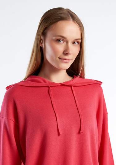  Kadın Koyu Pembe %100 Pamuk Kapüşonlu Büzgülü Crop Basic Triko Sweatshirt