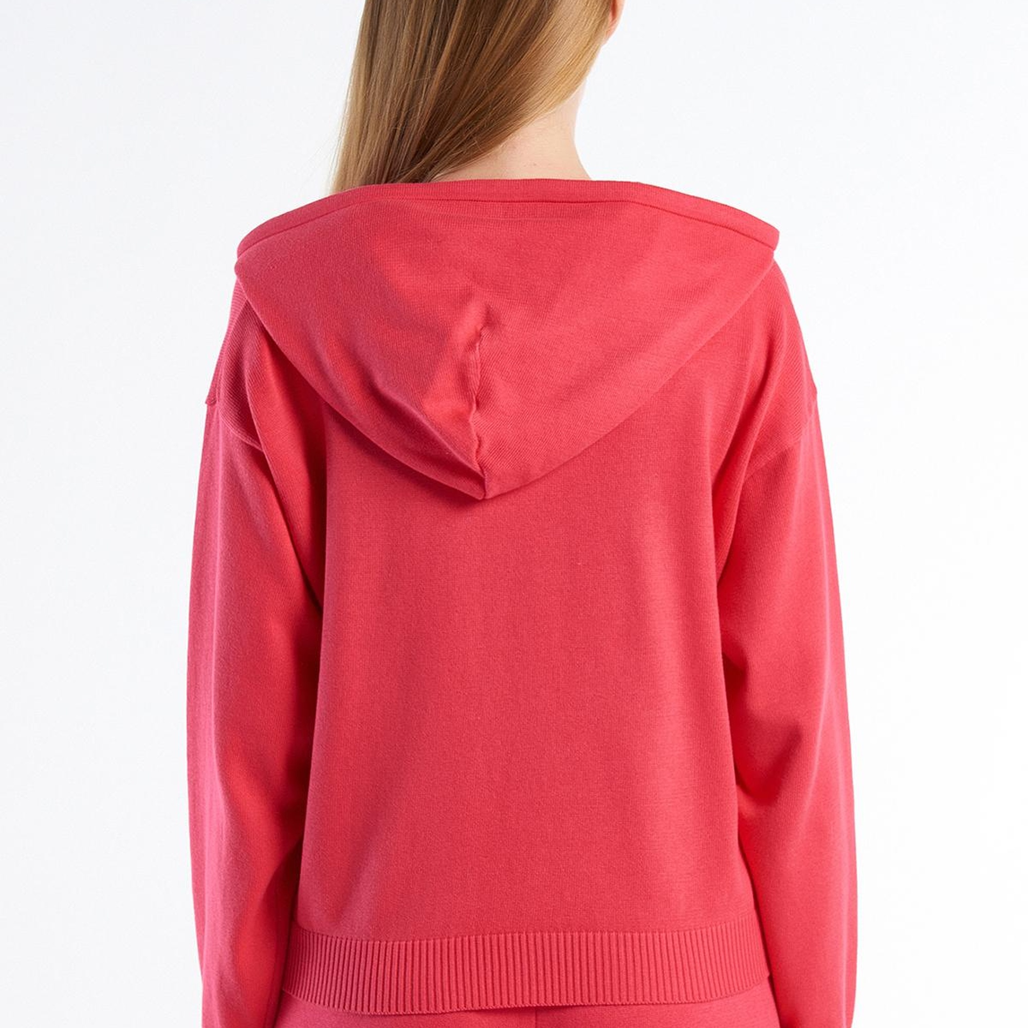 Kadın Koyu Pembe %100 Pamuk Kapüşonlu Büzgülü Crop Basic Triko Sweatshirt