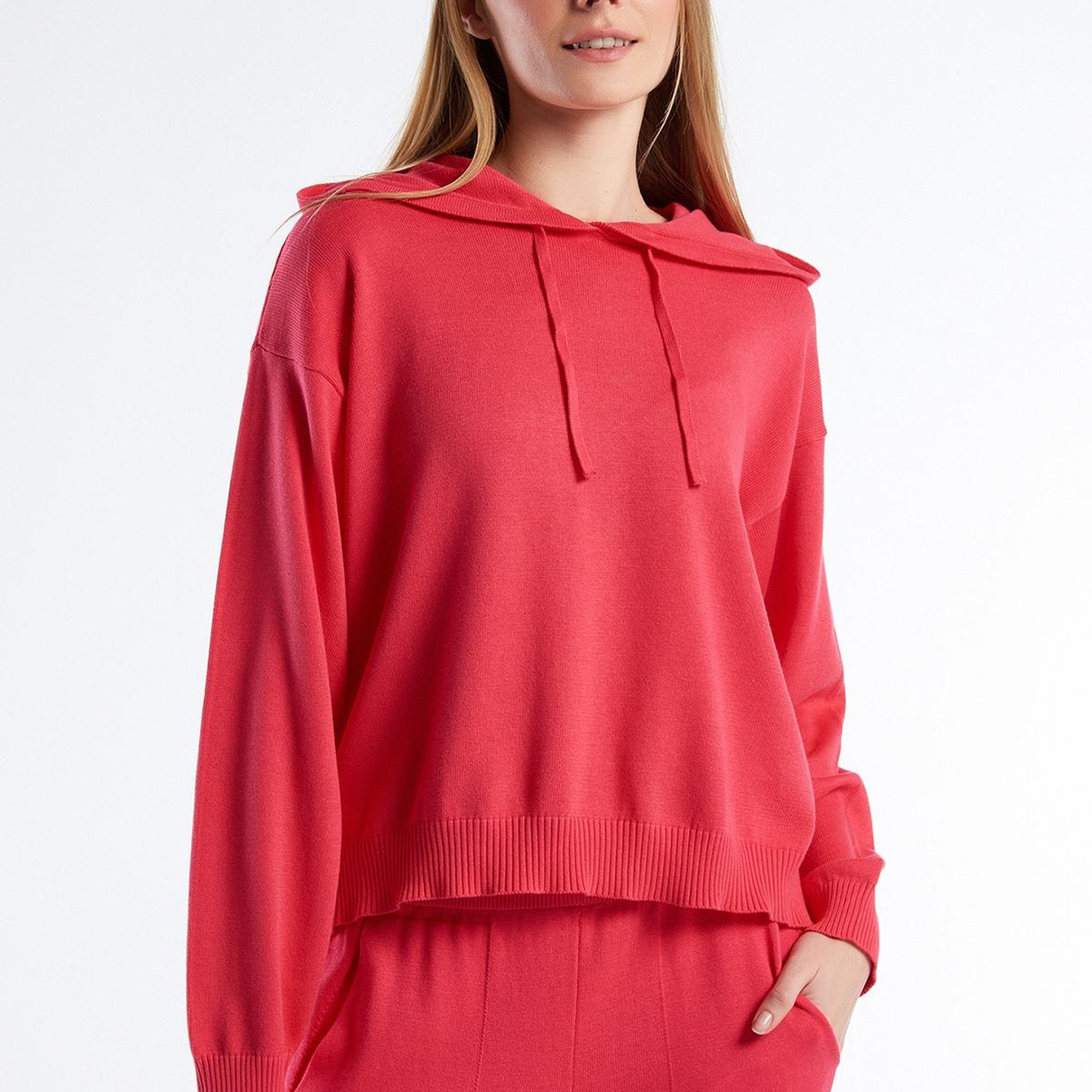 Kadın Koyu Pembe %100 Pamuk Kapüşonlu Büzgülü Crop Basic Triko Sweatshirt