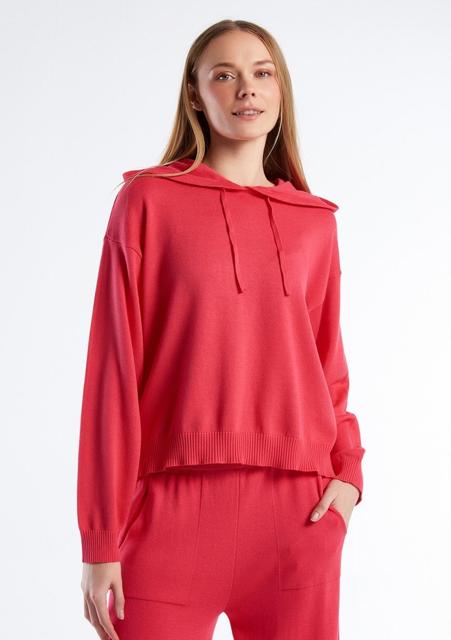  Kadın Koyu Pembe %100 Pamuk Kapüşonlu Büzgülü Crop Basic Triko Sweatshirt
