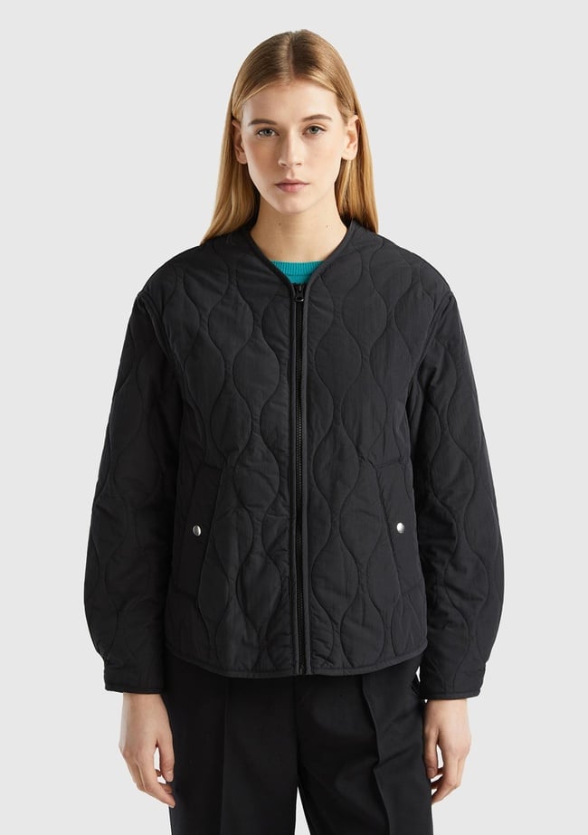  Kadın Siyah Fermuarlı Önü Düğmeli Cepli Kapitone Ceket