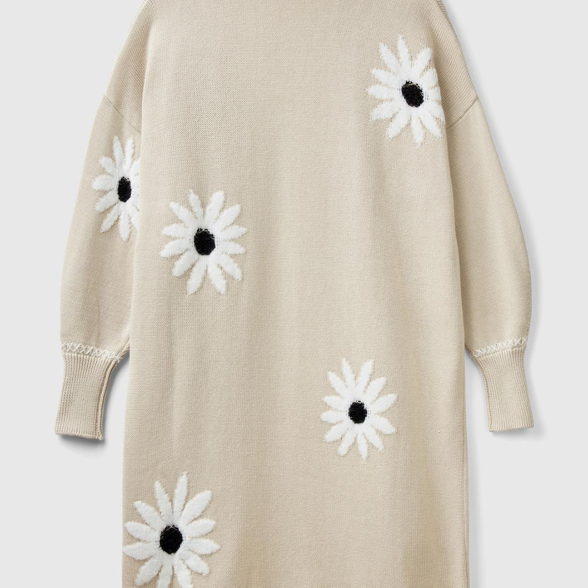 Kadın Bej Pamuk ve Yün Karışımlı Önü Cepli Çiçek Motifli Midi Hırka