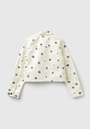  Kadın Krem Çiçek Desenli Denim Ceket