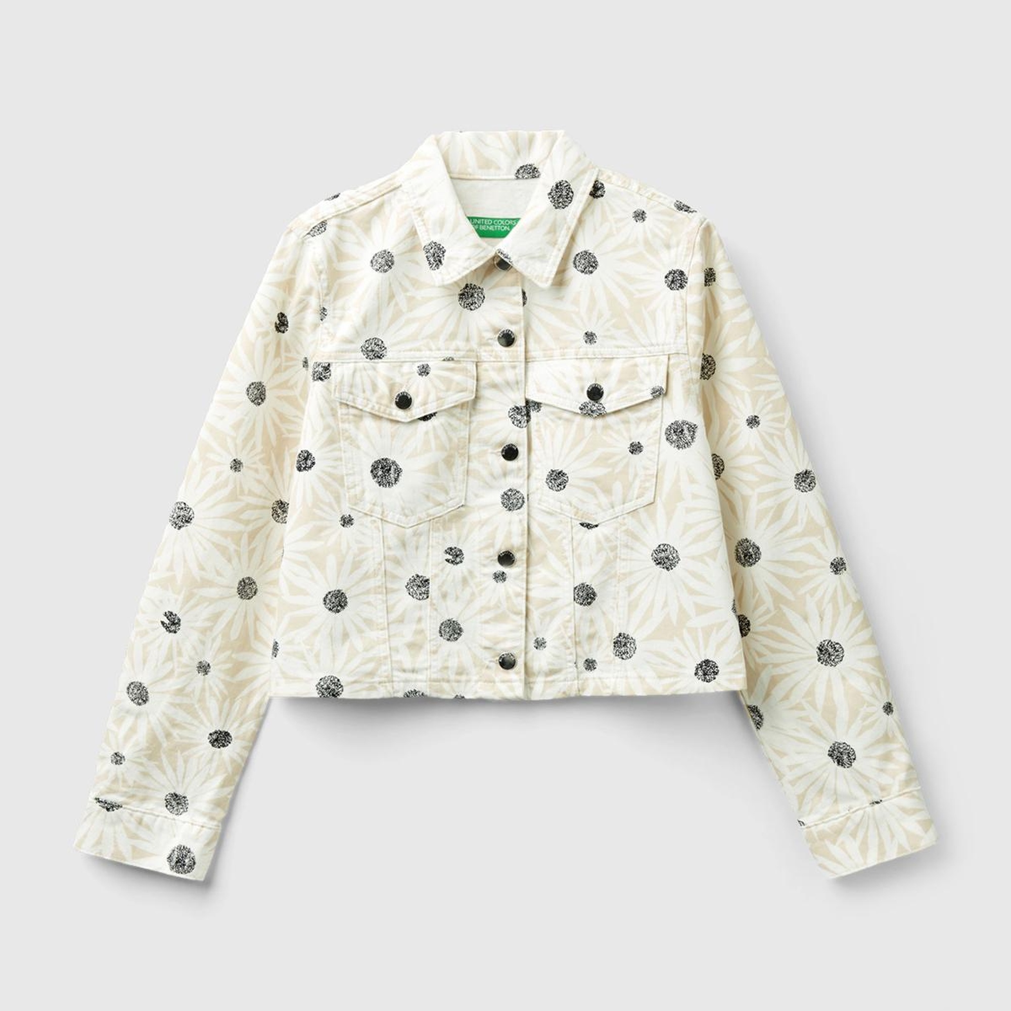 Kadın Krem Çiçek Desenli Denim Ceket