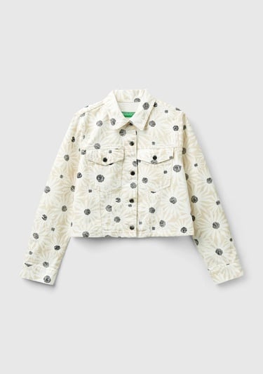  Kadın Krem Çiçek Desenli Denim Ceket