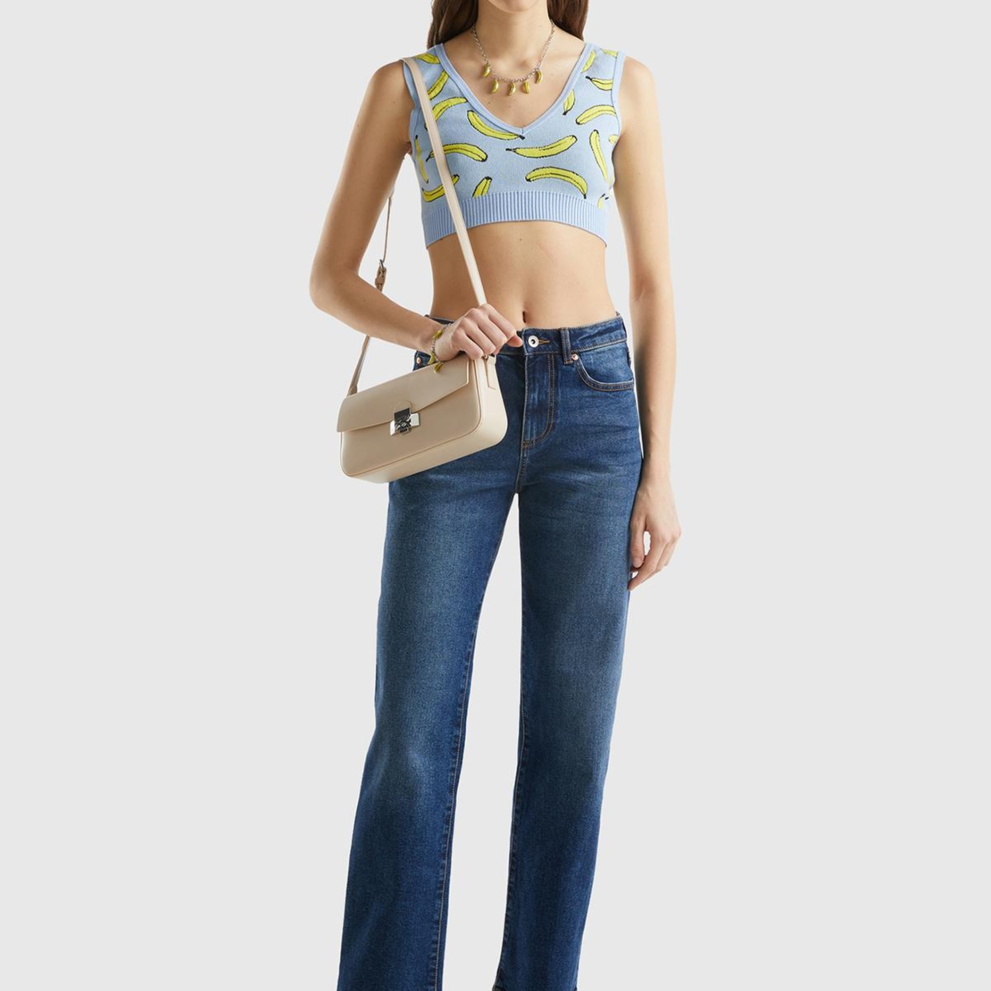 Kadın Açık Mavi Pamuk Karışımlı Tamamı 3D Muz Desenli V Yaka Triko Büstiyer